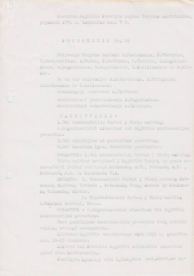 Lietuvos Sajūdžio Pasvalio rajono Tarybos susirinkimo, įvykusio 1991 m. lapkričio 7 d., PROTOKOLAS Nr. 26